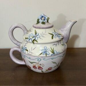 Floral Ceramic Teapot Vintage ~ 3 Piece ~ Purple Flower "Tea for One"